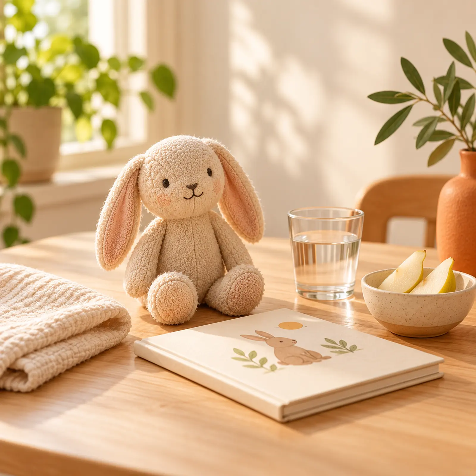 Peluş tavşan, resimli kitap, su ve armut dilimleri
