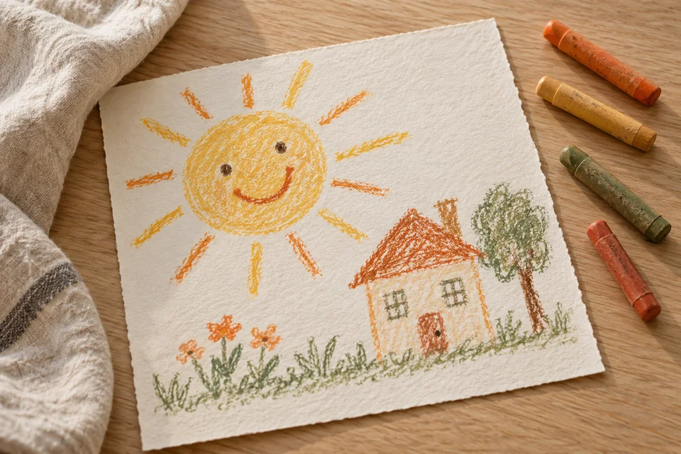 Çocukların duygularını ifade etmesini temsil eden pastel boyalar ve çizim